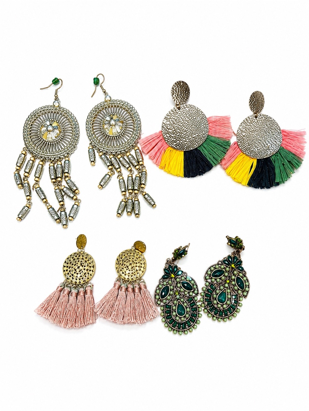 Lot of 4 Pairs Boho Statement Earrings – Tassel, Chandelier & Beaded Dangle